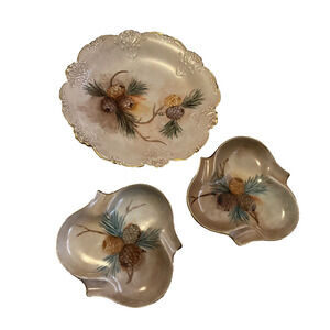 Antique Collectable Candy Serving China Hand Painted Pinecone 3pc Set Gold Rim